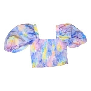 Bluesteel Pastel Rainbow Puff Sleeve Crop Top